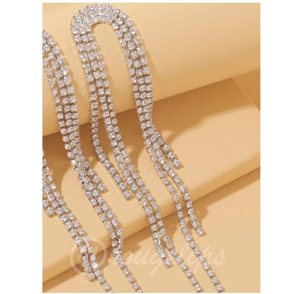 Rhinestone Tassel Drop Earrings Long Silver Tone - Picture 3 of 4